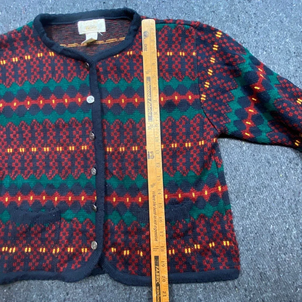 Tally-Ho Vintage Grandmacore Womens PM Fair Isle Geometric Knit Cardigan Sweater